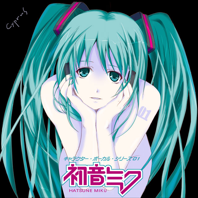 cyprus (circle), hatsune miku, vocaloid, aqua eyes, aqua hair, black background, headphones, long hair, nude, solo, tattoo, twintails