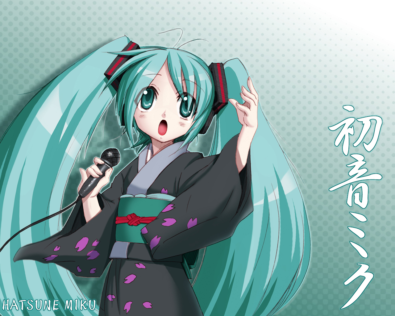 harukigenia, hatsune miku, vocaloid, 1girl, aqua background, female focus, japanese clothes, kimono, long hair, microphone, solo, twintails, very long hair