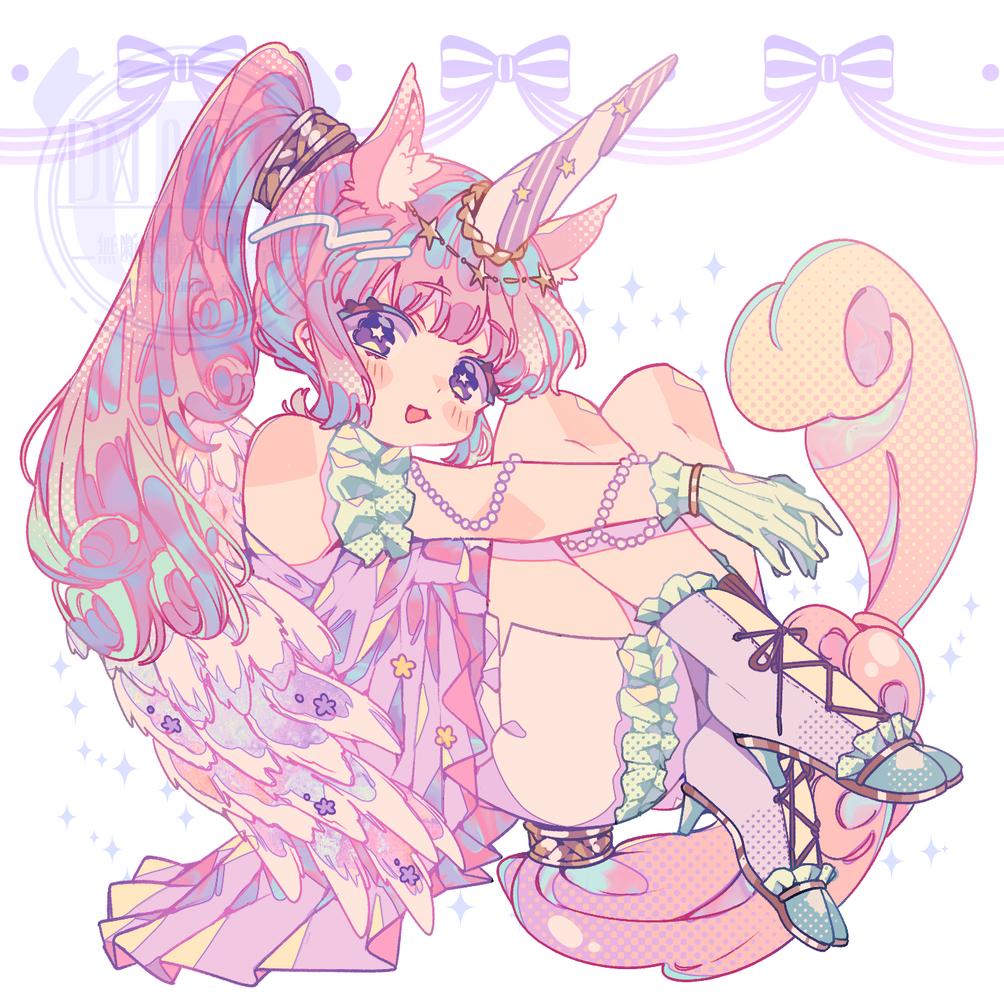 notamaru 2, original, commentary request, highres, 1girl, :3, :d, animal ear fluff, animal ears, bare shoulders, blush stickers, boots, dress, full body, gloves, green gloves, knees up, lace-up boots, long hair, looking at viewer, open mouth, pink dress, pink hair, ponytail, purple eyes, shorts, sitting, sleeveless, sleeveless dress, smile, solo, star-shaped pupils, star (symbol), symbol-shaped pupils, tail, unicorn girl, unicorn horn, watermark, white background, white boots, white shorts