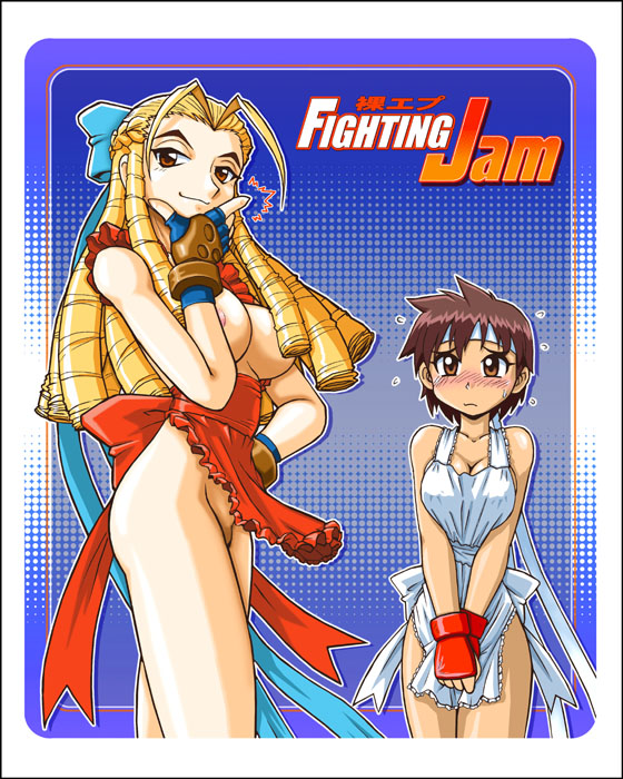 tenkai houichi, kanzuki karin, kasugano sakura, capcom, street fighter, street fighter zero (series), 1990s (style), 2girls, apron, blonde hair, blue background, breasts, brown eyes, brown hair, cleavage, fingerless gloves, gloves, half updo, head rest, headband, long hair, multiple girls, naked apron, ringlets, short hair, smile, v arms