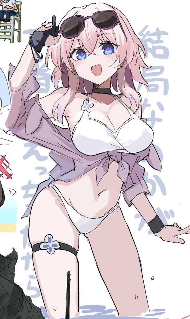 bone hiko, march 7th (honkai: star rail), honkai: star rail, honkai (series), 1girl, alternate costume, bikini, black choker, black gloves, blue eyes, blush, breasts, choker, cleavage, eyewear on head, gloves, jacket, jewelry, large breasts, looking at viewer, medium hair, multiple girls, navel, open mouth, pink hair, smile, sunglasses, swimsuit, thigh strap, tied jacket, wading, water, white background, white bikini, wristband