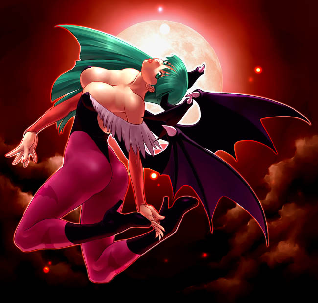 kengou, morrigan aensland, capcom, darkstalkers, 1girl, animal print, bare shoulders, bat print, bat wings, breasts, cleavage, dark-skinned female, dark skin, female focus, flying, full body, full moon, green eyes, green hair, head wings, leotard, long hair, matching hair/eyes, moon, outline, pantyhose, patterned legwear, print pantyhose, solo, wings