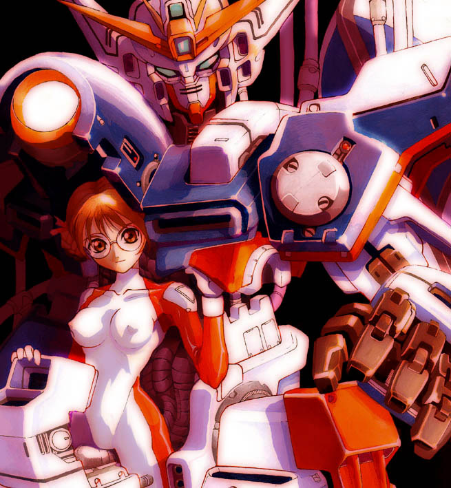 lady une, wing gundam zero, gundam, gundam wing, pilot suit, 1990s (style), 1girl, armor, breasts, covered erect nipples, glasses, mecha, mecha musume, medium breasts, power armor, retro artstyle, robot