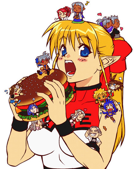 kengou, chia hagemasky, original, 3boys, 6+girls, burger, cheerleader, eating, food, multiple boys, multiple girls, pointy ears