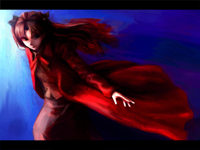 oisin, tohsaka rin, fate/stay night, fate (series), 00s, 1girl, belt, black skirt, blue eyes, brown hair, cape, cowboy shot, dark, female focus, gradient background, letterboxed, long sleeves, looking at viewer, simple background, skirt, solo, twintails, two side up