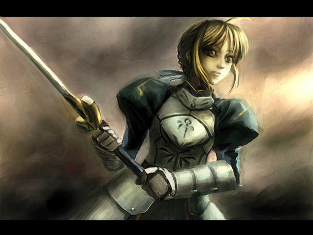 oisin, artoria pendragon (fate), saber (fate), fate/stay night, fate (series), 00s, armor, blonde hair, letterboxed, sword, weapon, yellow eyes