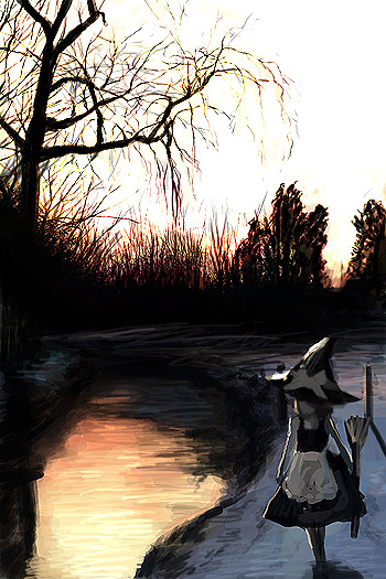 oisin, kirisame marisa, touhou, 1girl, black hat, blonde hair, female focus, hat, nature, picture otaku only knows, scenery, solo, witch hat