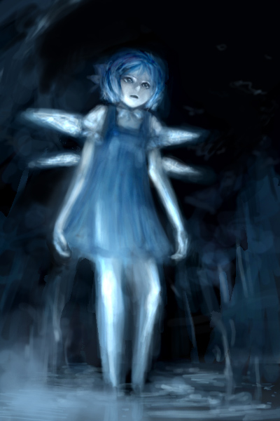 oisin, cirno, embodiment of scarlet devil, touhou, 1girl, blue eyes, blue hair, blue theme, bow, dress, female focus, matching hair/eyes, monochrome, short hair, solo, wings