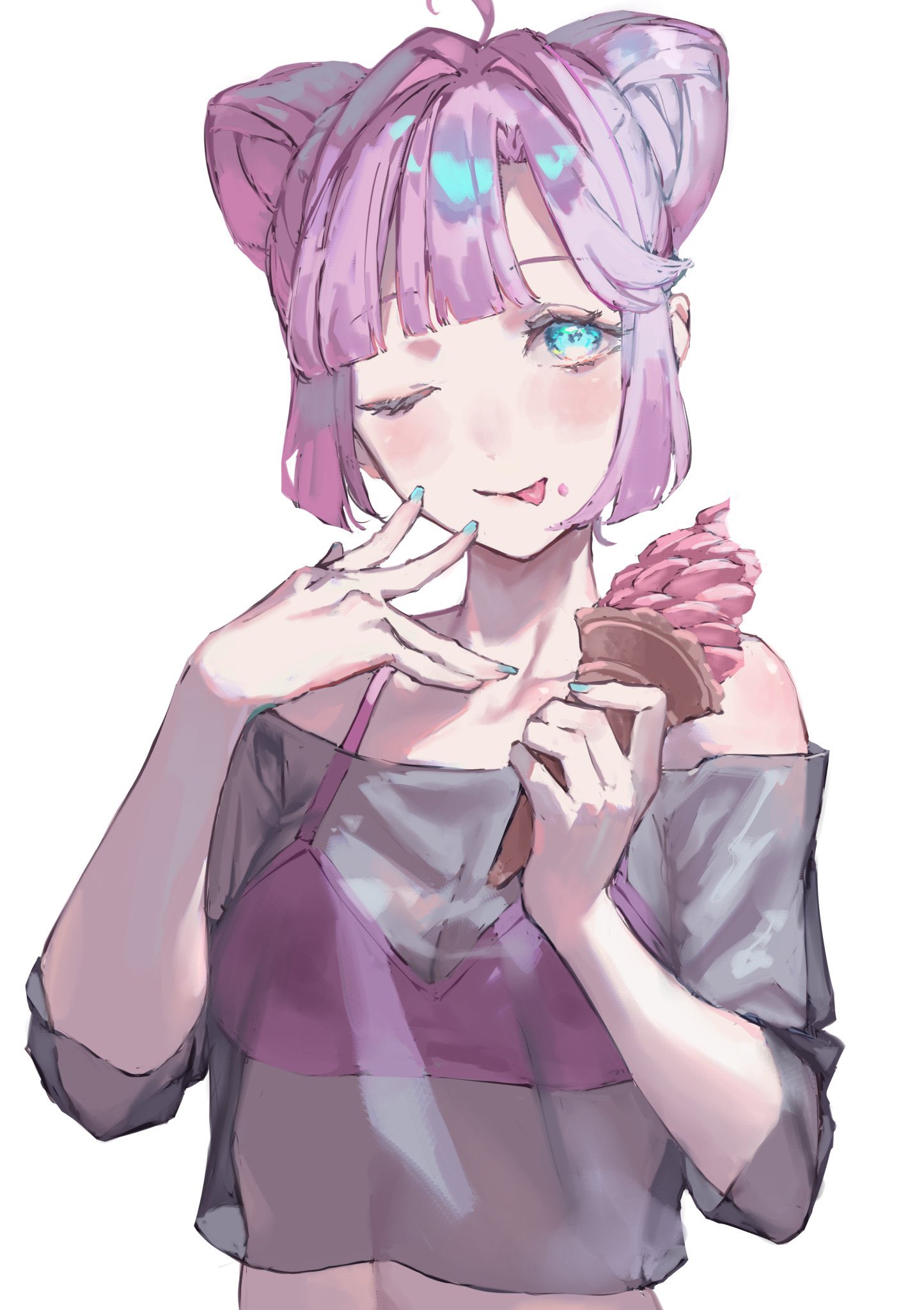 saidamoosu, anyoji hime, link! like! love live!, love live!, commentary, highres, 1girl, ;p, ahoge, bare shoulders, bikini, black shirt, blunt sidelocks, breasts, cleavage, collarbone, curtained hair, double bun, food, hair bun, holding, holding food, holding ice cream, holding ice cream cone, ice cream, ice cream cone, looking at viewer, medium breasts, off-shoulder shirt, off shoulder, official alternate costume, official alternate hairstyle, one eye closed, pink bikini, pink hair, see-through clothes, see-through shirt, shirt, side part, sidelocks, simple background, soft serve, solo, swimsuit, tongue, tongue out, upper body, virtual youtuber, white background