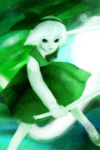 oisin, konpaku youmu, konpaku youmu (ghost), touhou, 1girl, female focus, hitodama, katana, solo, sword, weapon