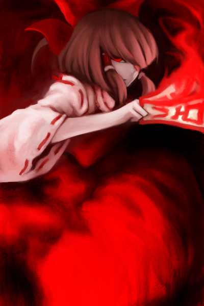 oisin, hakurei reimu, touhou, 1girl, brown hair, detached sleeves, dress, dutch angle, female focus, from below, hair tubes, holding, long sleeves, ofuda, red dress, red eyes, red ribbon, ribbon, short hair, sidelocks, solo, wide sleeves