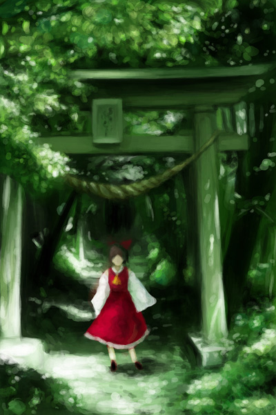 oisin, hakurei reimu, touhou, 1girl, ascot, female focus, forest, green theme, nature, outdoors, plant, scenery, solo, torii, wide shot, yellow ascot