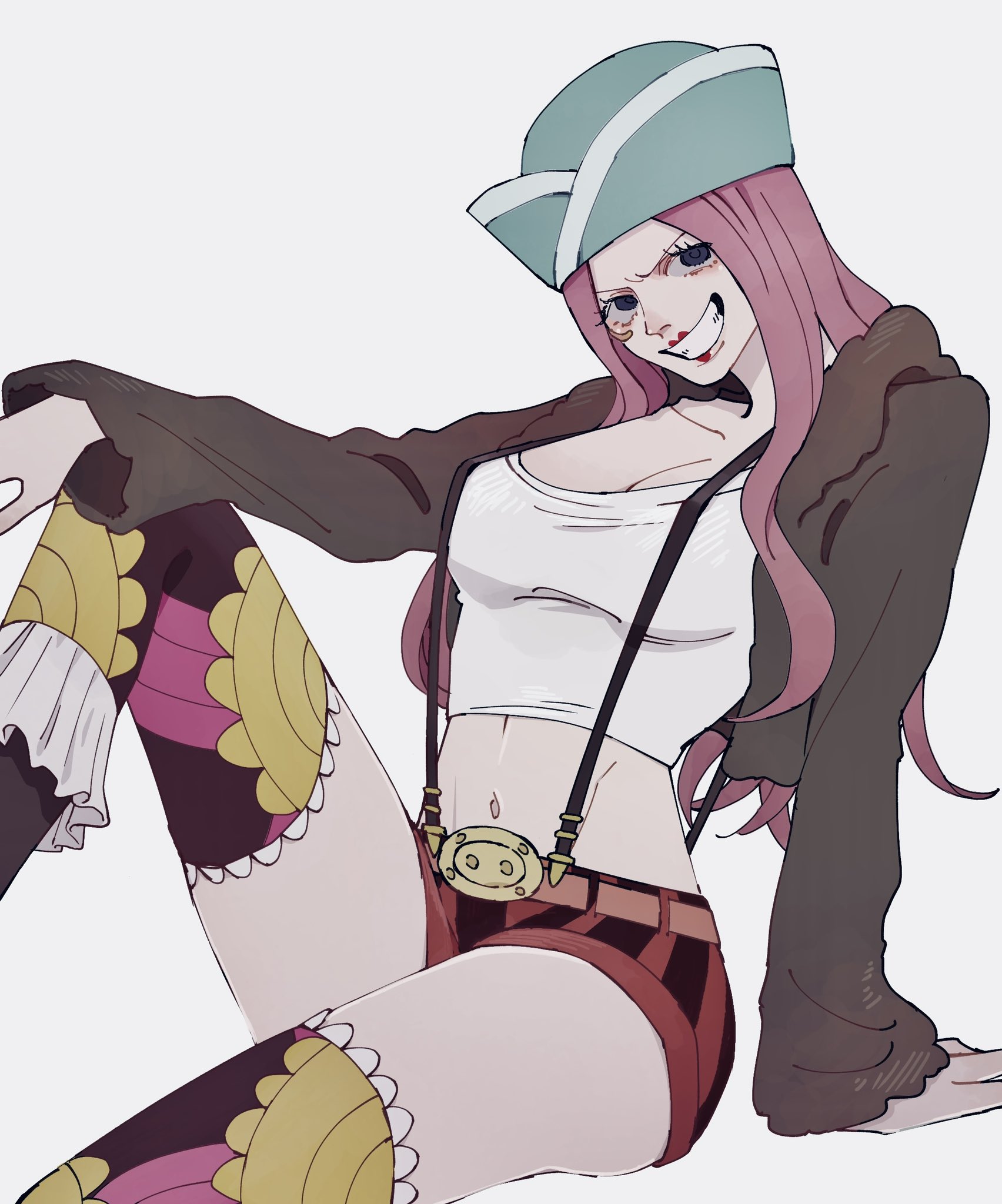 oh imo, jewelry bonney, one piece, commentary, highres, 1girl, anti-eyebrow piercing, aqua hat, brown jacket, crop top, eyelashes, face piercing, fur jacket, hat, jacket, long hair, navel, piercing, pink hair, purple eyes, red lips, shorts, simple background, sitting, smile, suspenders, thighhighs