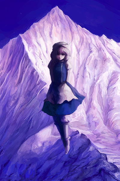 oisin, letty whiterock, touhou, 1girl, apron, blue dress, blue eyes, dress, female focus, frills, full body, hat, mob cap, mountain, pink hair, short hair, solo, thighhighs, waist apron, white thighhighs, zettai ryouiki