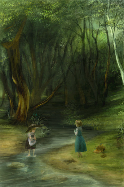 oisin, alice margatroid, kirisame marisa, touhou, 2girls, blonde hair, female focus, forest, hat, multiple girls, nature, scenery, witch hat