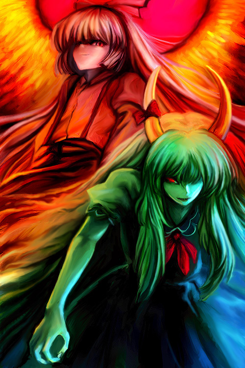 oisin, ex-keine, fujiwara no mokou, kamishirasawa keine, touhou, 2girls, female focus, horn ornament, horn ribbon, horns, multiple girls, ribbon, standing