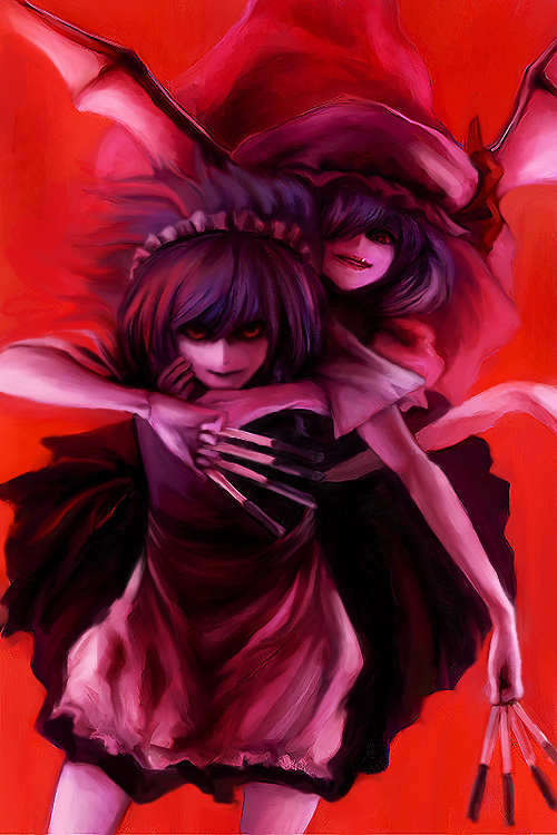 oisin, izayoi sakuya, remilia scarlet, touhou, silver hair, 2girls, bat wings, between fingers, blue hair, crazy eyes, female focus, hairband, hat, holding, knife, maid, multiple girls, red eyes, short hair, throwing knife, weapon, wings
