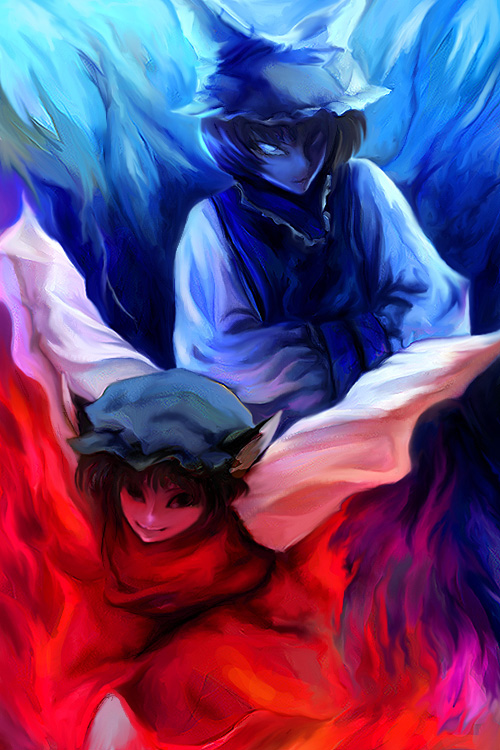 oisin, chen, yakumo ran, touhou, 2girls, animal ears, animal hat, cat ears, cat girl, female focus, hands in opposite sleeves, hat, long sleeves, mob cap, multiple girls, short hair