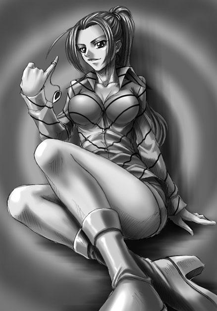 kagami hirotaka, nefertari vivi, one piece, 1girl, boots, collared shirt, female focus, greyscale, jewelry, knife, long sleeves, monochrome, necklace, ponytail, princess, shirt, shorts, sitting, solo, unworn jewelry, unworn necklace, weapon