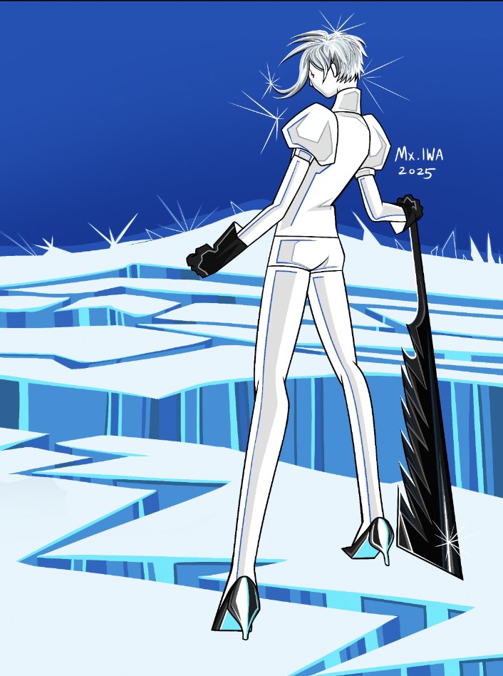antarcticite, houseki no kuni, 1other, black gloves, black shoes, blue sky, crystal hair, dated, from behind, gem uniform (houseki no kuni), glint, gloves, high heels, ice, iwa (erwinsfootstall), puffy short sleeves, puffy sleeves, shoes, short hair, short sleeves, signature, sky, solo, standing