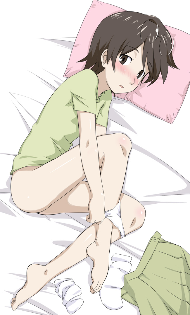 youkan, okonogi yuuko, dennou coil, 00s, 1girl, barefoot, blush, eyewear on head, feet, female focus, glasses, lying, on side, panties, panty pull, socks, solo, toe scrunch, toes, underwear, undressing