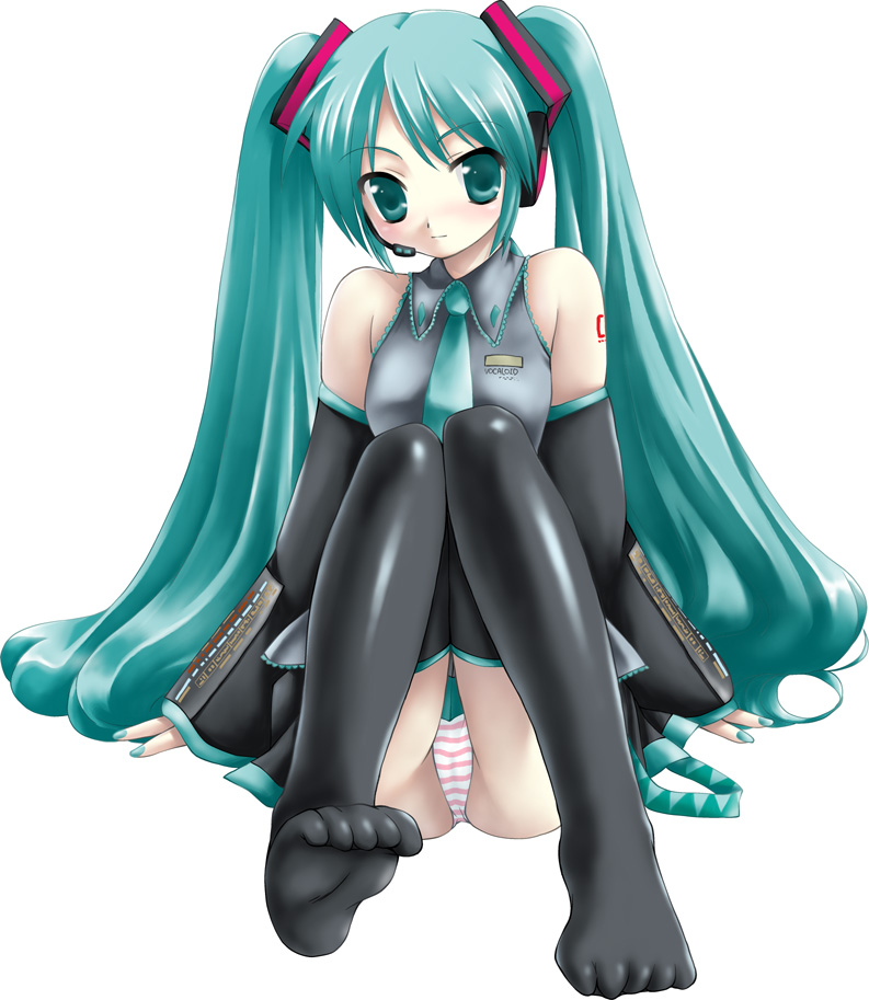 unsigned (neko), hatsune miku, vocaloid, arms at sides, black thighhighs, blue eyes, blue hair, headset, knees together feet apart, long hair, necktie, panties, simple background, socks, solo, striped clothes, striped panties, tattoo, thighhighs, twintails, underwear, very long hair, white background
