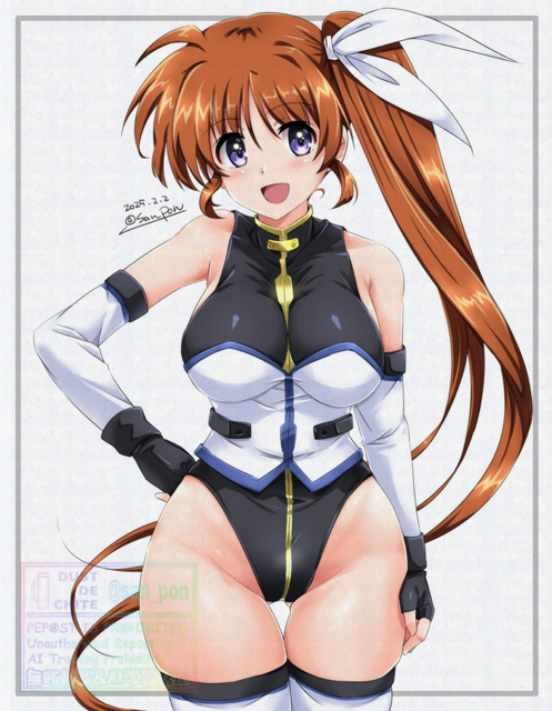 san-pon, takamachi nanoha, lyrical nanoha, mahou shoujo lyrical nanoha strikers, commentary request, 1girl, :d, black leotard, breasts, brown hair, dated, elbow gloves, fingerless gloves, gloves, large breasts, leotard, long hair, looking at viewer, open mouth, purple eyes, ribbon, side ponytail, smile, solo, thighhighs, thighs, twitter username, very long hair, white ribbon, white thighhighs
