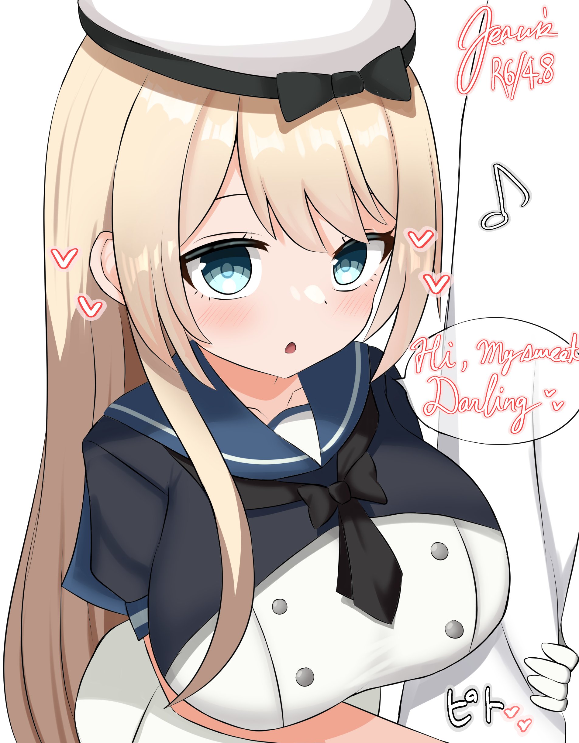 kamishita tomori, jervis (kancolle), kantai collection, absurdres, commentary request, highres, 1girl, 1other, alternate breast size (larger), black neckerchief, blonde hair, blue eyes, blue sailor collar, dress, eighth note, gloves, hat, long hair, looking at viewer, musical note, neckerchief, sailor collar, sailor dress, sailor hat, short sleeves, upper body, white dress, white gloves, white hat