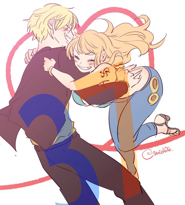 matsuda (louol), nami (one piece), sanji (one piece), one piece, 1boy, 1girl, ^ ^, arm tattoo, black suit, blonde hair, blush, closed eyes, denim, facial hair, formal clothes, goatee, heart, hug, jeans, long hair, mustache, orange hair, pants, short hair, smile, suit, tattoo, twitter username
