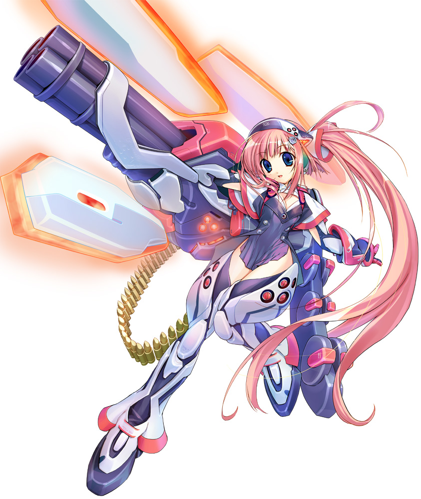 ein (long cake), izen, gadget trial, 1girl, ammunition belt, blue eyes, female focus, flat chest, gun, long hair, mecha musume, pink hair, ponytail, solo, thigh gap, thighs, very long hair, weapon