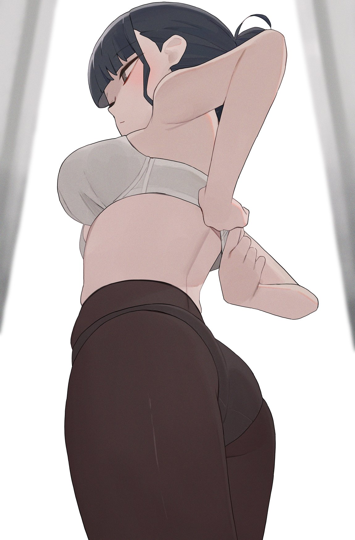 hiroki (yyqw7151), original, highres, 1girl, adjusting bra, adjusting clothes, arms behind back, black eyes, black hair, bra, breasts, brown pantyhose, grey bra, grey panties, medium breasts, panties, panties under pantyhose, pantyhose, short hair, solo, standing, underwear, window