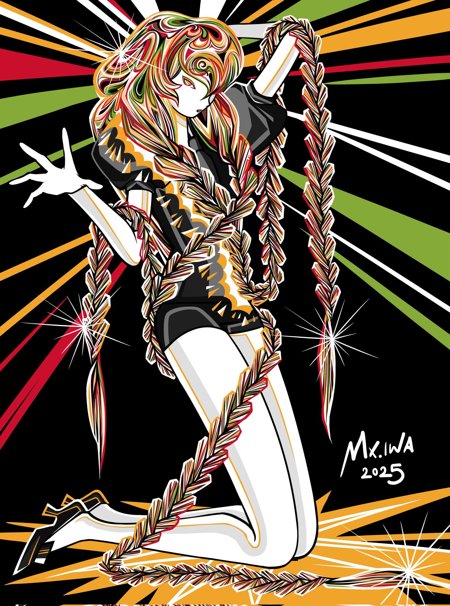 sphene (houseki no kuni), houseki no kuni, highres, 1other, absurdly long hair, arm behind head, black shoes, crystal hair, dated, gem uniform (houseki no kuni), glint, high heels, iwa (erwinsfootstall), kneeling, long hair, multicolored hair, orange eyes, orange hair, pale skin, puffy short sleeves, puffy sleeves, shoes, short sleeves, signature, solo, tri braids, very long hair