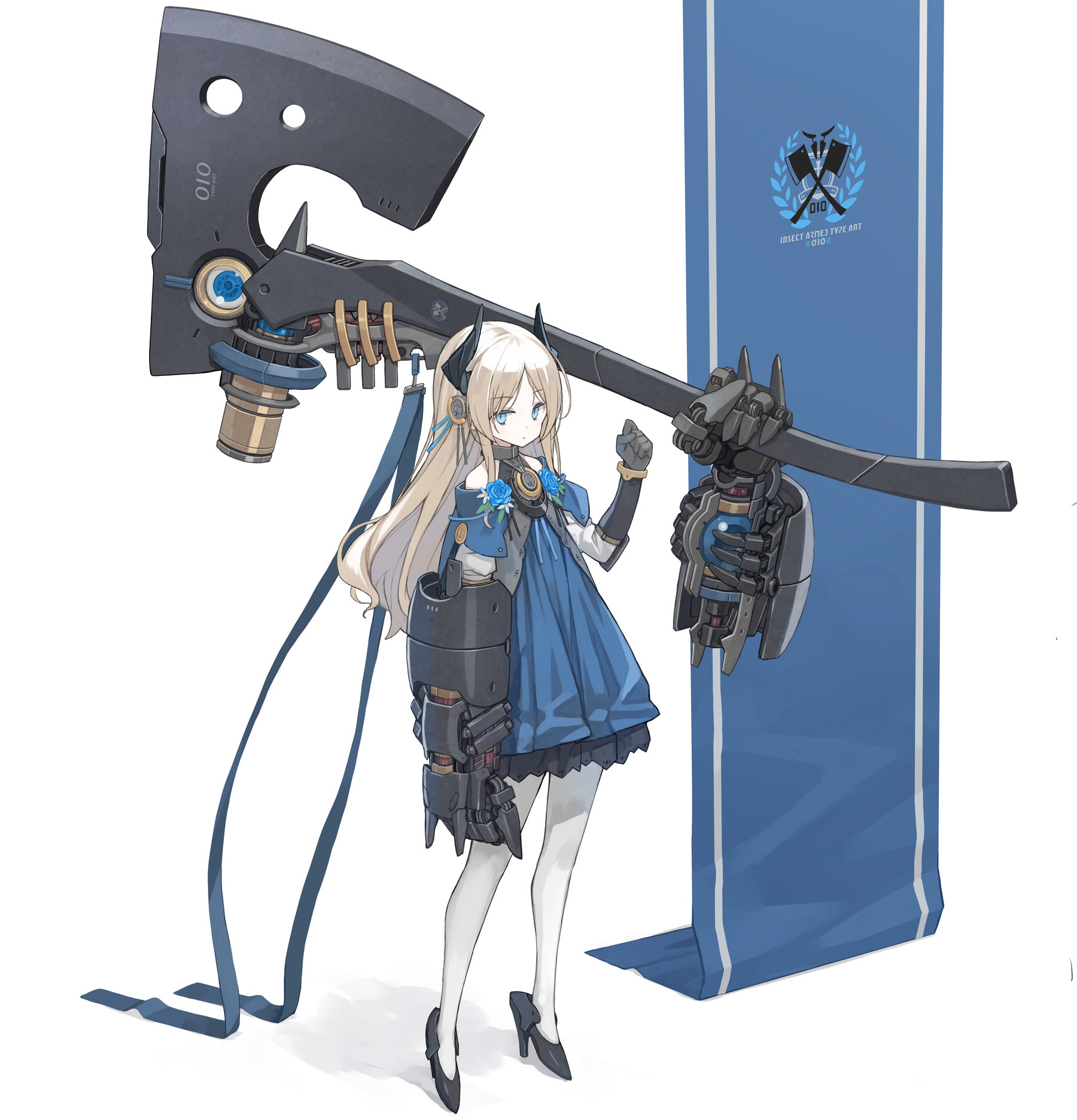 poco (asahi age), original, commentary request, highres, 1girl, arm at side, axe, banner, battle axe, black gloves, black horns, black shoes, blonde hair, blue dress, blue eyes, blue flower, blue rose, clenched hand, closed mouth, dress, flower, gauntlets, gloves, hand up, high heels, horns, huge weapon, long hair, looking at viewer, pantyhose, parted bangs, pumps, rose, shoes, short dress, simple background, solo, standing, weapon, white background, white pantyhose