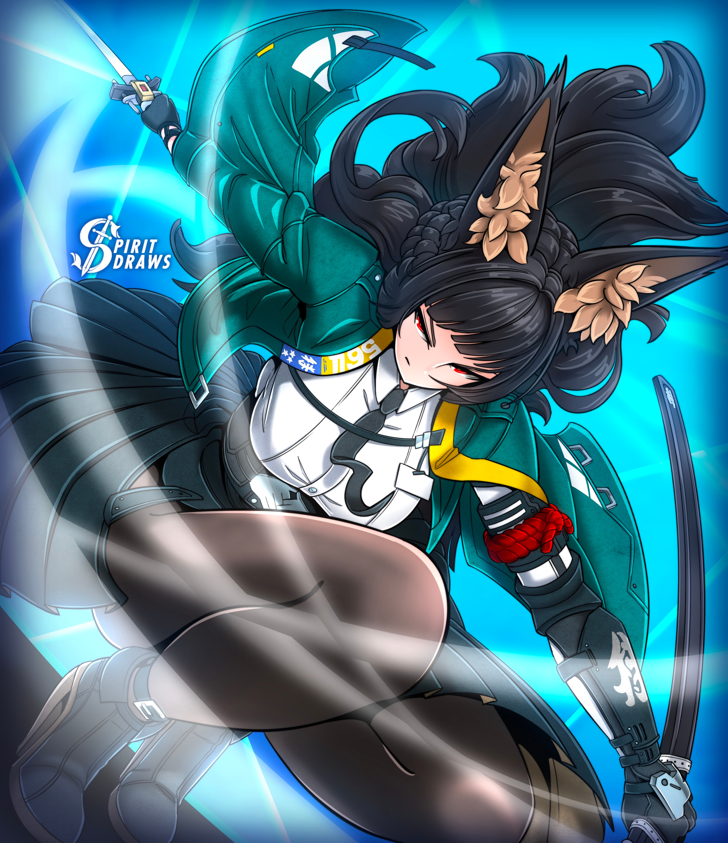 spiritdraws, hoshimi miyabi, mihoyo, zenless zone zero, absurdres, highres, 1girl, animal ears, black gloves, black hair, breasts, gloves, jacket, long hair, looking at viewer, red eyes, shirt, solo