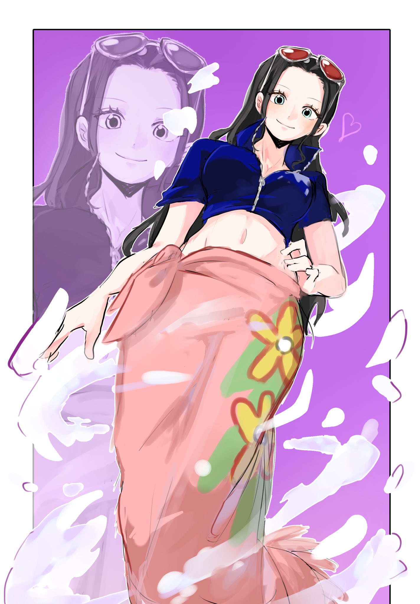 n i c0, nico robin, one piece, commentary, highres, 1girl, black hair, blue eyes, blue vest, border, cropped jacket, dutch angle, eyelashes, eyewear on head, hand on own hip, heart, high collar, long hair, looking at viewer, multiple views, navel, pink sarong, sarong, sidelocks, solo, vest, white border