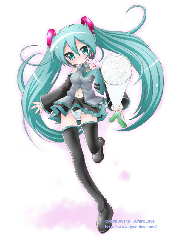 ayano rena, hatsune miku, vocaloid, 1girl, aqua hair, black thighhighs, cameltoe, female focus, foreshortening, hair between eyes, long hair, panties, solo, spring onion, striped clothes, striped panties, thighhighs, twintails, underwear, very long hair, white background