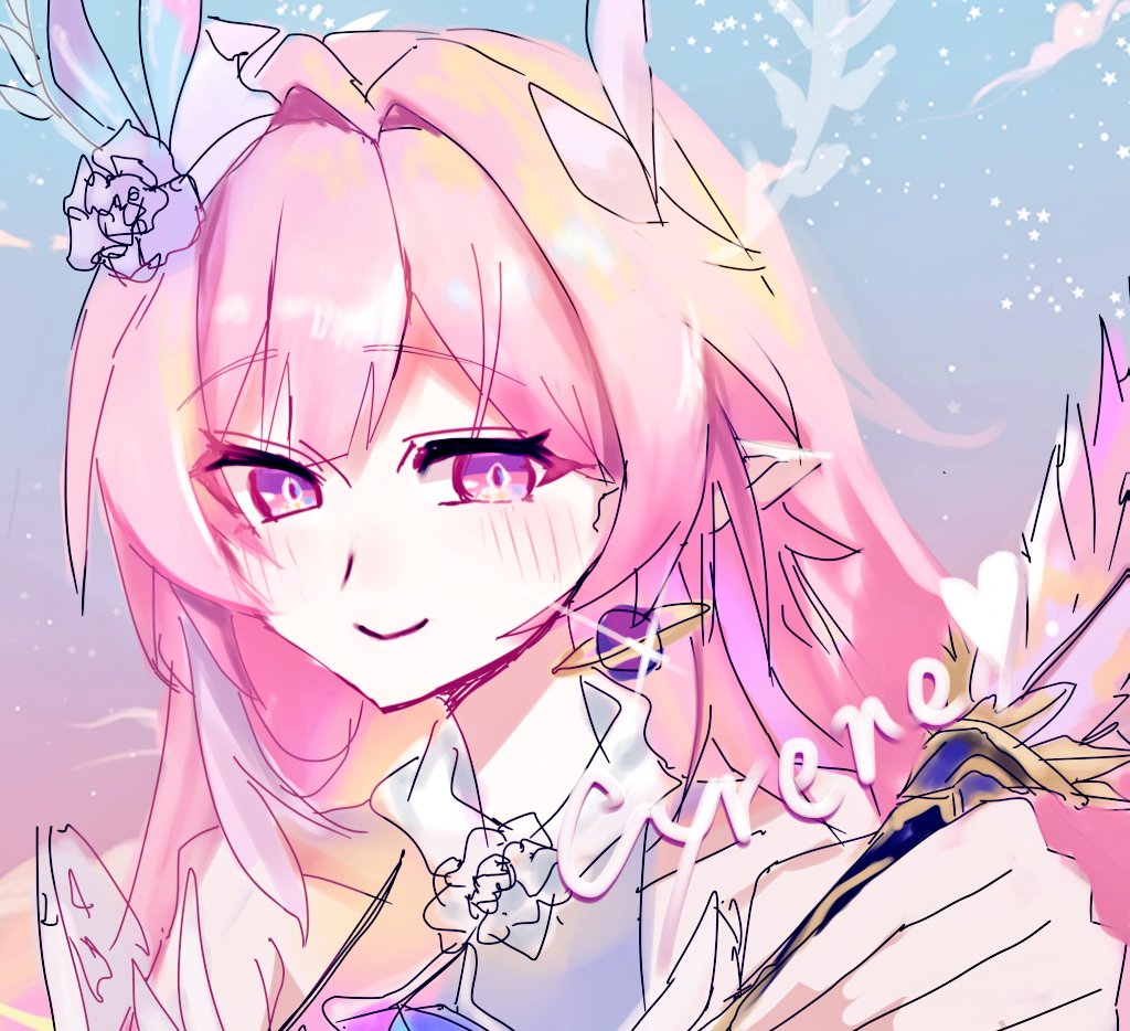 cyrene (honkai: star rail), honkai: star rail, honkai (series), commentary request, 1girl, 1ziku 7777777, blue sky, cyrene (ripples of past reverie) (honkai: star rail), diamond-shaped pupils, diamond (shape), earrings, flower, hair flower, hair ornament, halo, holding, holding quill, jewelry, long hair, pink hair, pointy ears, quill, sky, smile, solo, star (sky), starry sky, symbol-shaped pupils, upper body, very long hair