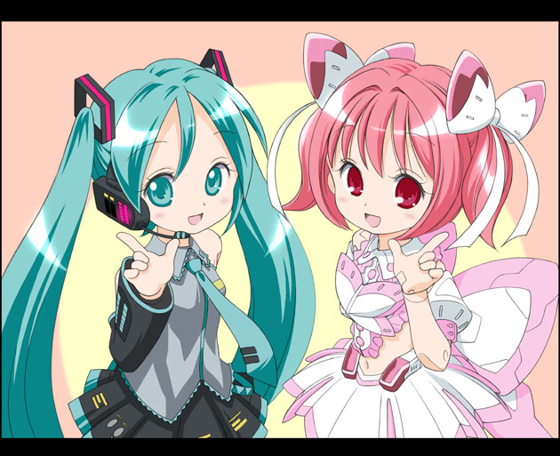 chibisuke machine, hatsune miku, schmetterling, schmetterling marie, busou shinki, lucky star, motteke! serafuku, vocaloid, doll joints, hair intakes, joints, letterboxed, long hair, parody, pink background, trait connection, twintails, very long hair