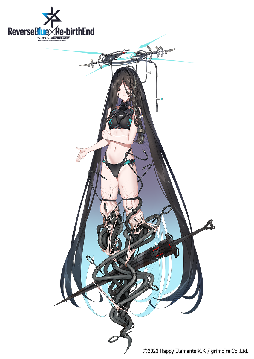 zenmaibook, reverseblue x re-birthend, highres, 1girl, absurdly long hair, black hair, blue hair, blue halo, cable, closed eyes, colored inner hair, flat chest, full body, gradient hair, halo, holding own arm, long hair, looking at viewer, mechanical halo, multicolored hair, navel, solo, sword, torn skin, tube, veins, very long hair, weapon, white background
