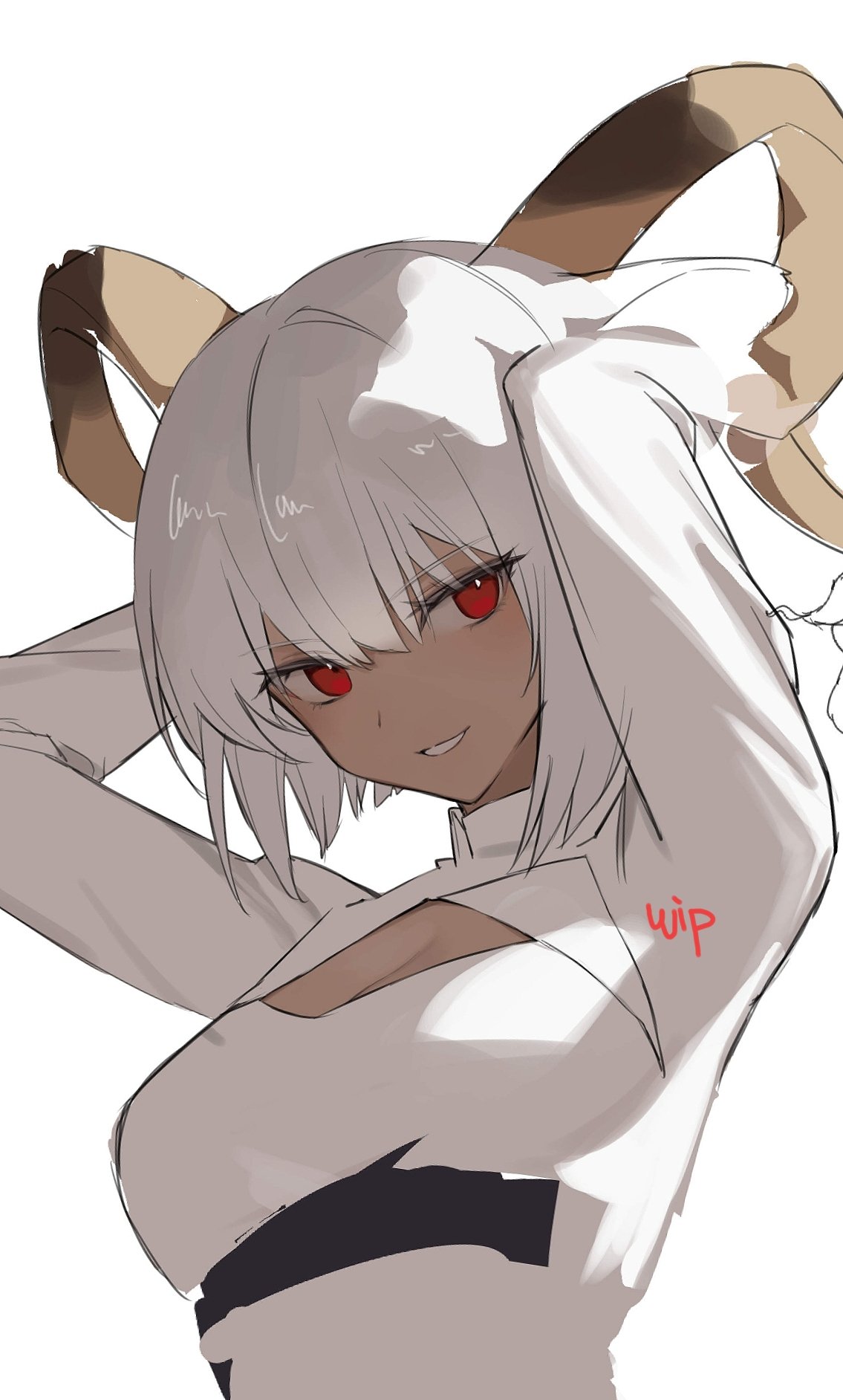2naom8q6gt87292, carnelian (arknights), arknights, highres, unfinished, 1girl, adjusting hair, arms behind head, arms up, breasts, brown horns, cleavage, cleavage cutout, clothing cutout, collared shirt, dark-skinned female, dark skin, dot nose, goat girl, goat horns, grin, hair between eyes, horns, long sleeves, looking at viewer, medium breasts, medium hair, red eyes, shirt, simple background, smile, solo, upper body, white background, white hair, white shirt