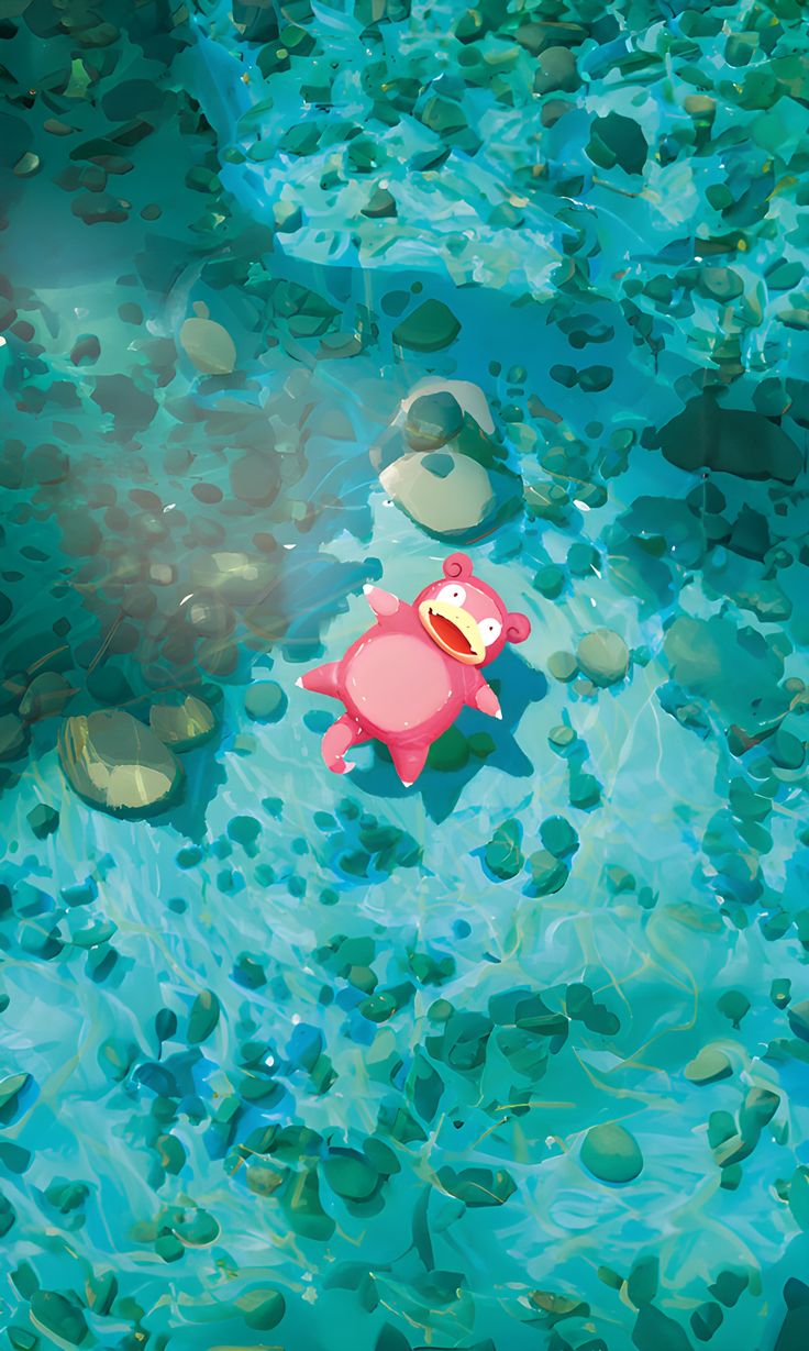 okacheke, slowpoke, nintendo, pokemon, pokemon tcg, highres, third-party source, afloat, from above, gen 1 pokemon, no humans, outdoors, pokemon (creature), shadow, shallow water, solo, sunlight, transparent, water
