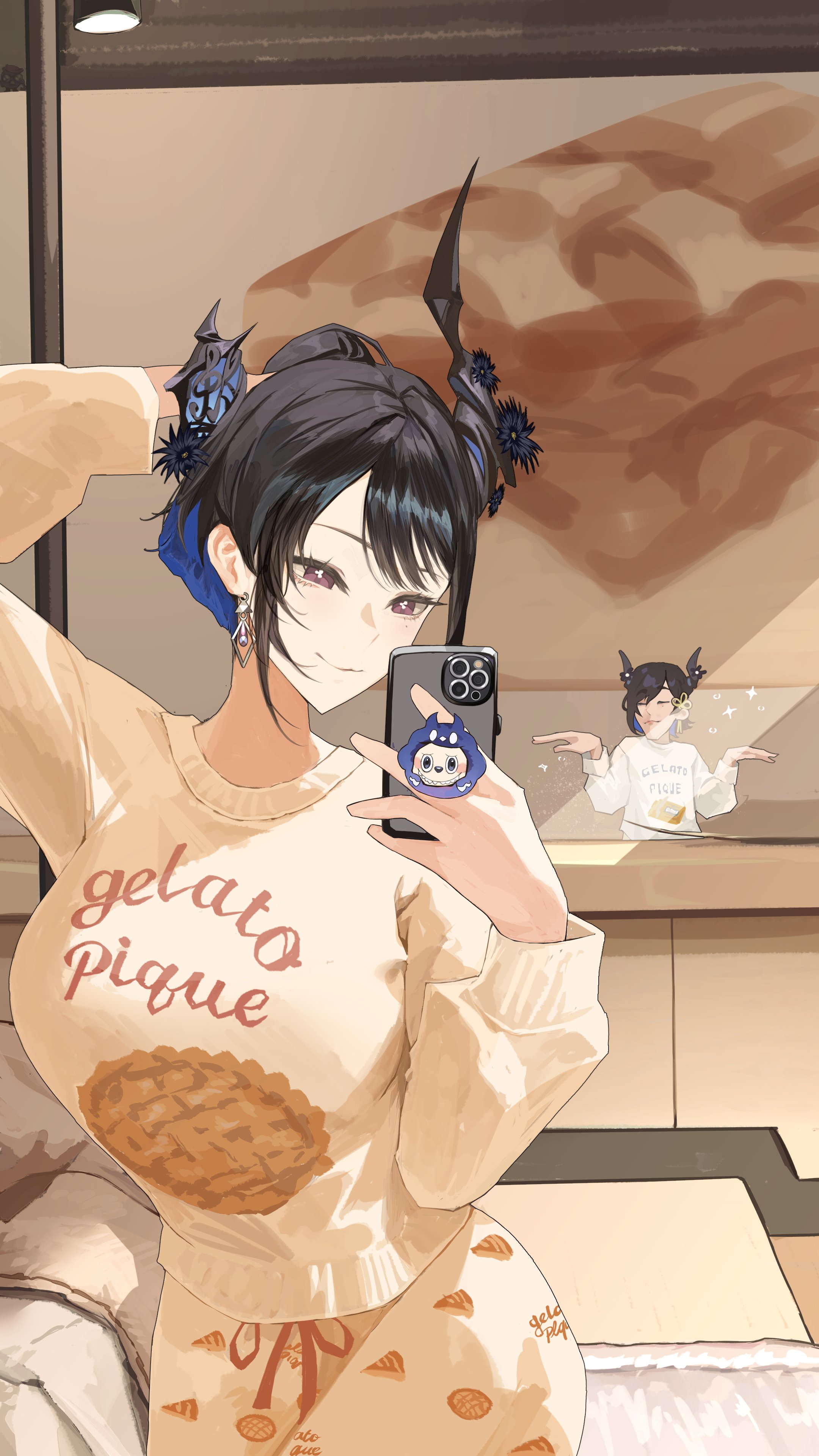 thekaiyip, malphis ravencroft ii, nerissa ravencroft, gelato pique, hololive, hololive english, absurdres, commentary, english commentary, highres, 1boy, 1girl, alternate costume, arm behind head, asymmetrical horns, black hair, blue hair, breasts, brother and sister, cellphone, closed mouth, clothes writing, colored inner hair, earrings, flower, holding, holding phone, horn flower, horns, jewelry, large breasts, mirror selfie, multicolored hair, pajamas, pants, phone, print pants, print sweater, purple eyes, selfie, siblings, smartphone, smile, sweater, uneven horns, virtual youtuber, white pants, white sweater