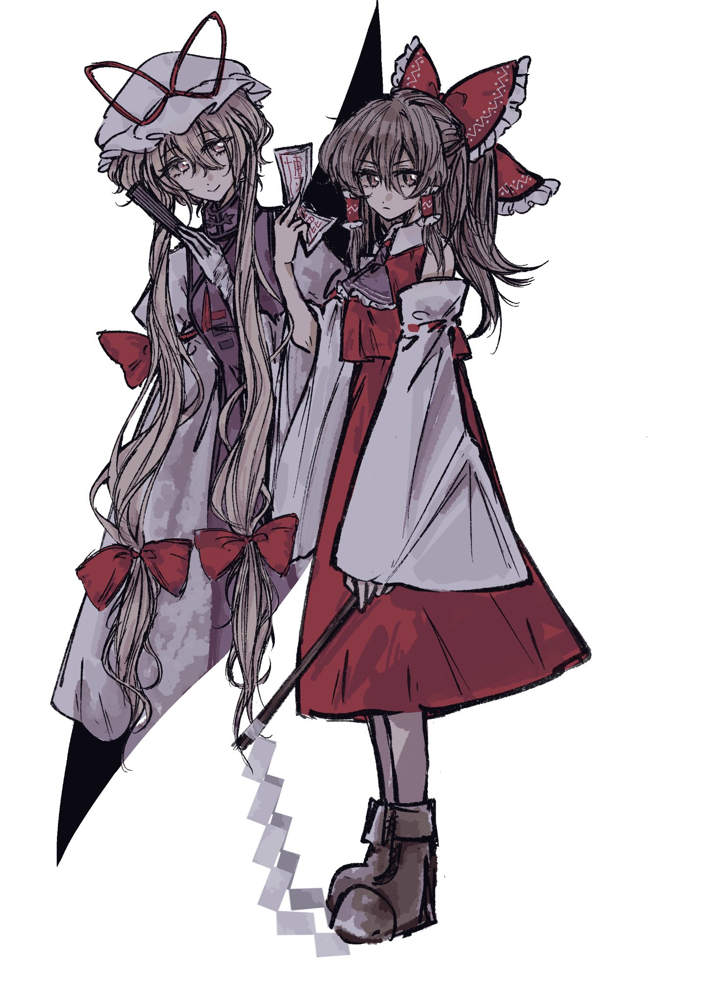 hakurei reimu, yakumo yukari, touhou, highres, 2girls, bare shoulders, blonde hair, boots, bow, brown boots, brown eyes, brown hair, closed mouth, cream 000 soda, detached sleeves, dress, expressionless, folded fan, folding fan, full body, gap (touhou), gloves, gohei, hair between eyes, hair ribbon, hair tubes, hand fan, hat, holding, holding fan, holding gohei, holding ofuda, long hair, looking at viewer, mob cap, multiple girls, ofuda, purple tabard, red bow, red shirt, red skirt, ribbon, shirt, skirt, sleeveless, sleeveless shirt, smile, tabard, very long hair, white background, white dress, white gloves, yellow eyes