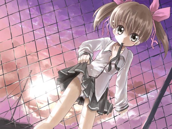 yuugiri (artist), yuugiri (u-slash), original, 1girl, backlighting, brown eyes, brown hair, clothes lift, female focus, hair ribbon, loli, mouth hold, outdoors, panties, ribbon, school uniform, skirt, skirt lift, solo, sunset, twintails, unbuttoned, underwear, upskirt