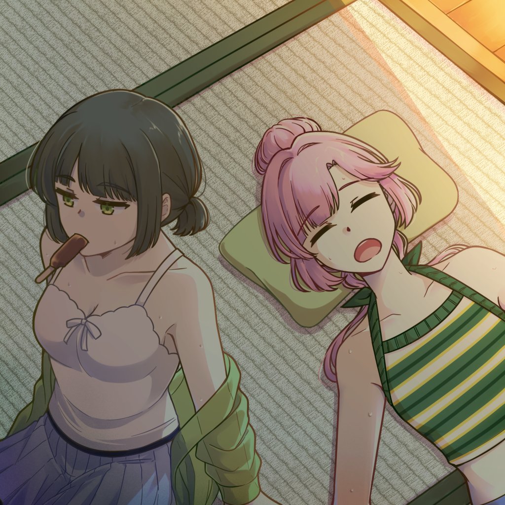 anyoji hime, anyoji hime (sleepover at ginko's), momose ginko, momose ginko (sleepover at ginko's), link! like! love live!, love live!, commentary request, 2girls, alternate hairstyle, bare shoulders, black hair, blue skirt, breasts, camisole, cardigan, cardigan partially removed, cleavage, collarbone, d:, food, food in mouth, green cardigan, green shirt, hair bun, halter shirt, halterneck, low ponytail, lying, medium breasts, midriff, miniskirt, mouth hold, multiple girls, official alternate costume, on back, open mouth, pleated skirt, ponytail, popsicle, popsicle in mouth, potatopenggu, see-through cardigan, see-through clothes, shirt, short hair, short sleeves, sidelocks, single hair bun, sitting, skirt, striped clothes, striped shirt, tatami, virtual youtuber