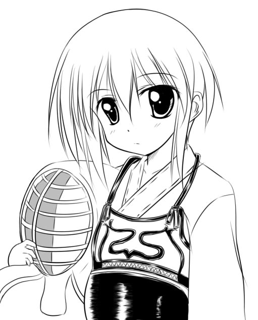 jun (aoerm), kawazoe tamaki, bamboo blade, 00s, 1girl, female focus, greyscale, helmet, japanese clothes, kendo, monochrome, solo, unworn headwear, unworn helmet, upper body