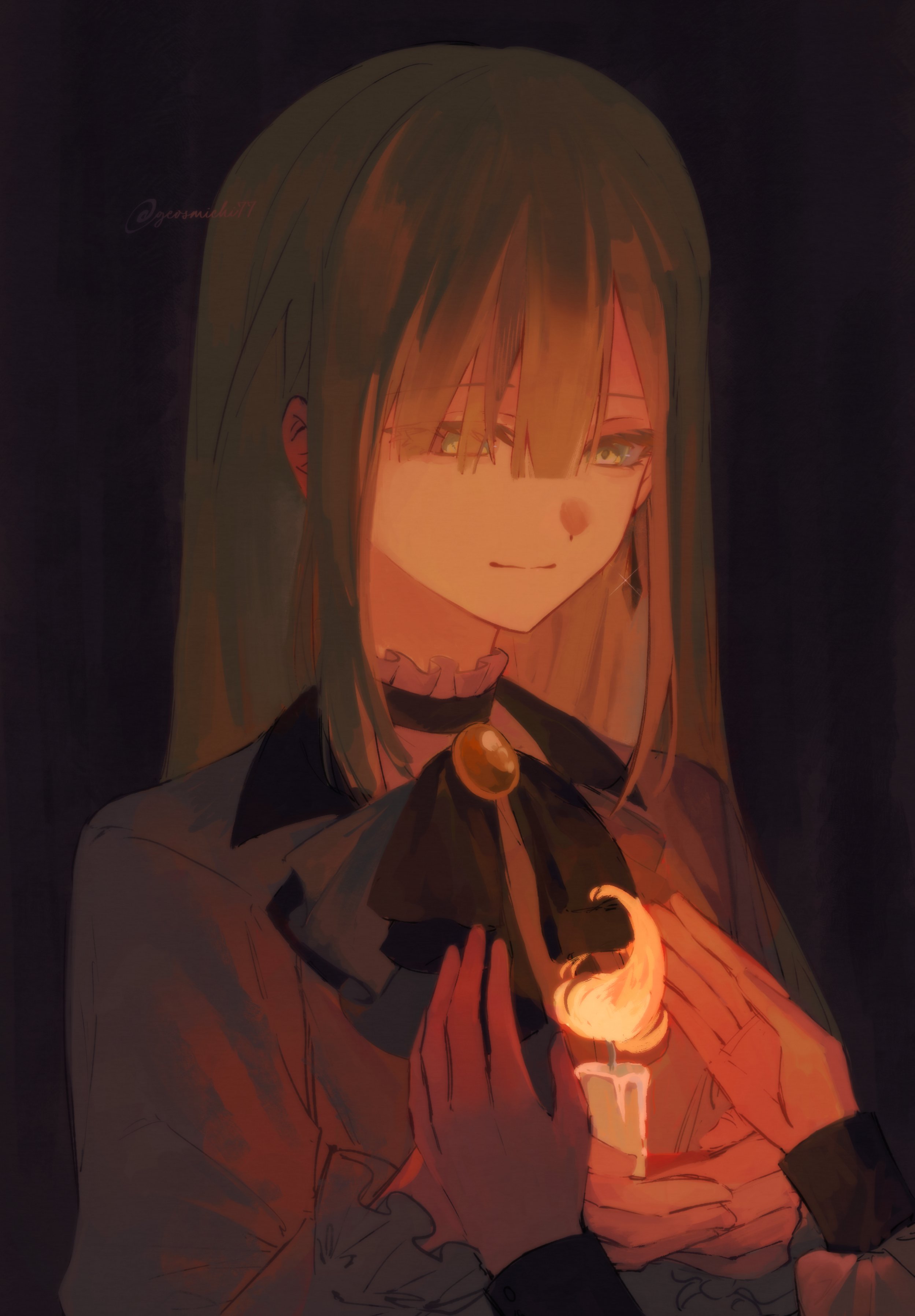 wakaba mutsumi, ave mujica (bang dream!), bang dream!, bang dream! it's mygo!!!!!, absurdres, highres, 2girls, artist name, black background, black necktie, candle, dim lighting, earrings, eyes visible through hair, geosmichi77, green hair, jewelry, long hair, looking at another, multiple girls, necktie, shirt, simple background, twitter username, white shirt