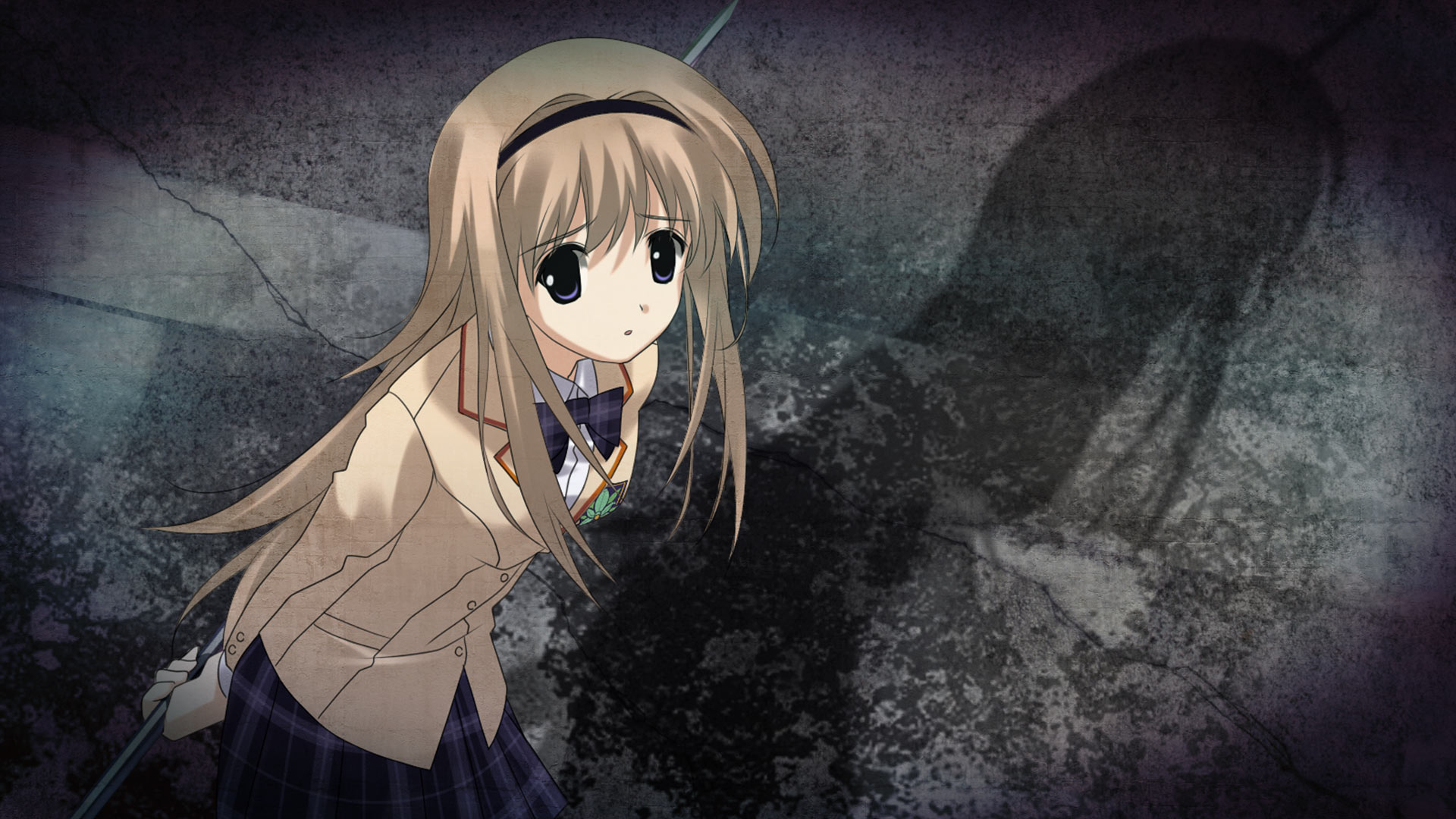 sasaki mutsumi, nishijou nanami, chaos;head, science adventure, artist request, check artist, game cg, highres, official art, official wallpaper, 1girl, :o, blazer, blonde hair, bow, bowtie, breasts, brown hair, brown jacket, collared shirt, d-sword, dress shirt, from above, holding, holding behind back, jacket, lapels, leaning forward, long sidelocks, looking to the side, miniskirt, notched lapels, plaid bow, plaid bowtie, plaid clothes, plaid skirt, pleated skirt, purple bow, purple bowtie, purple eyes, purple skirt, red trim, school emblem, school uniform, shadow, shirt, sidelocks, skirt, small breasts, solo, suimei academy school uniform, white shirt