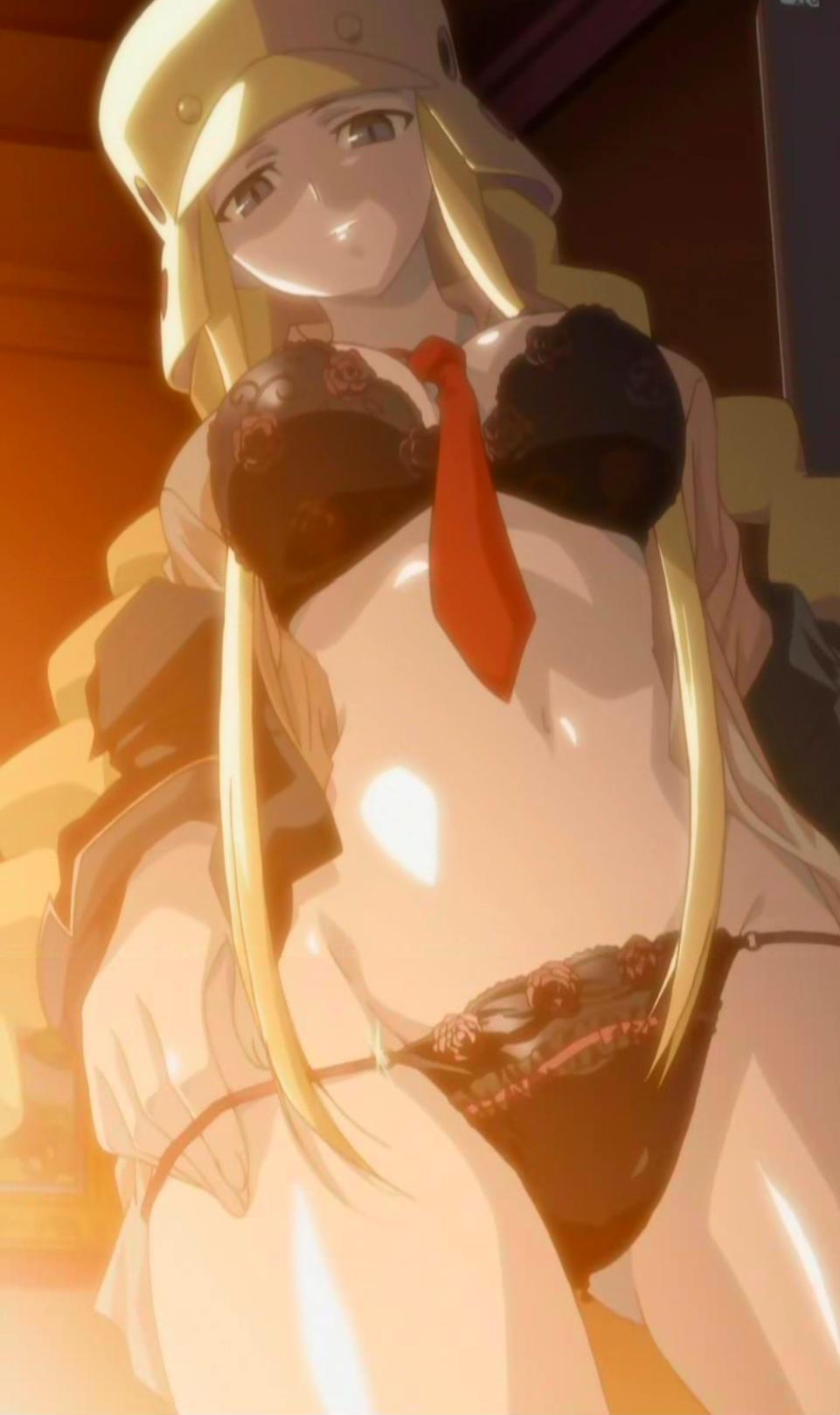 ritsuko kubel kettenkrad, genshiken, kujibiki unbalance, anime screenshot, highres, stitched, third-party edit, 00s, 1girl, between breasts, bra, breasts, female focus, large breasts, lingerie, necktie, panties, solo, underwear