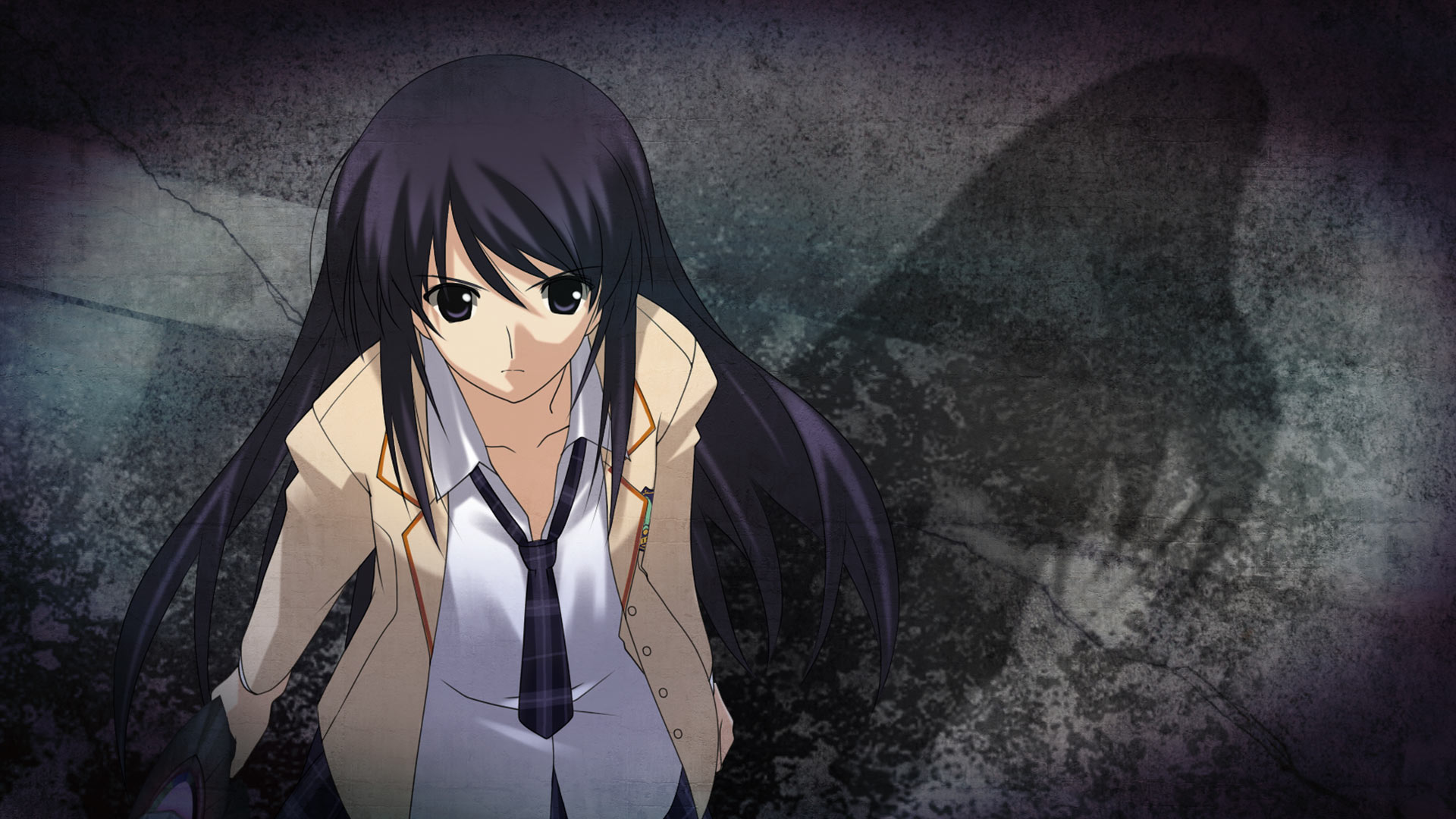 sasaki mutsumi, aoi sena, chaos;head, science adventure, artist request, check artist, game cg, highres, official art, official wallpaper, blazer, brown jacket, collarbone, collared shirt, d-sword, dress shirt, from above, frown, holding, holding sword, holding weapon, jacket, lapels, notched lapels, open clothes, open collar, open jacket, plaid clothes, plaid skirt, pleated skirt, purple eyes, purple hair, purple skirt, red trim, school emblem, school uniform, serious, shadow, shirt, skirt, suimei academy school uniform, sword, weapon, white shirt